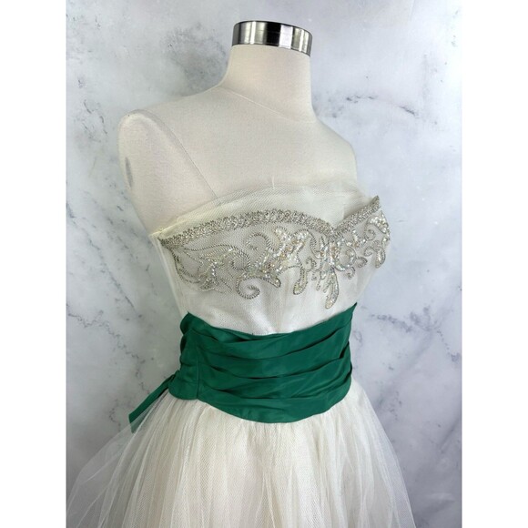 Vintage 1950s Cupcake Prom Dress SZ XS Gown Tulle Strapless white green sequence - Picture 15 of 16